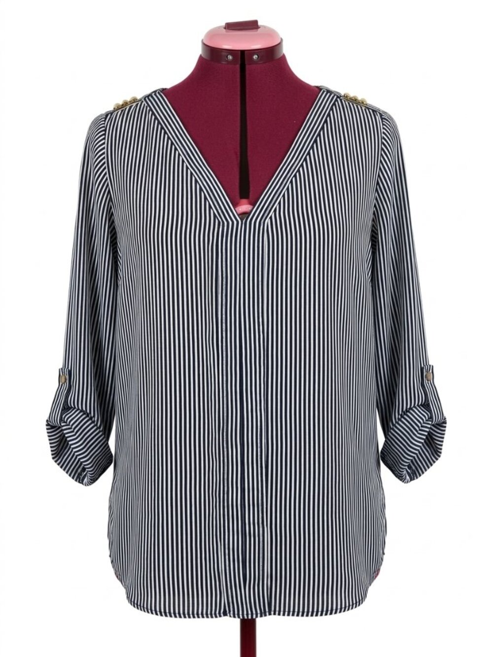 ZARA BASIC Nautical Striped Gold Stud Shoulder Roll Tab Sleeve Tunic Top Size M